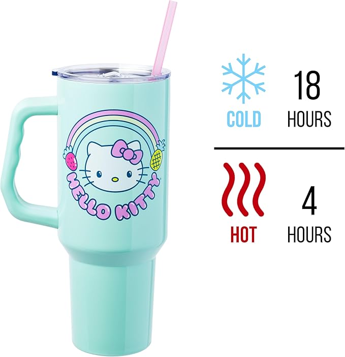 Silver Buffalo Sanrio Hello Kitty Kawaii Strawberry, Pineapple, and Rainbows Double Walled Stainless Steel Tumbler with Handle and Straw, Fits in Standard Cup Holder, 40 Ounces