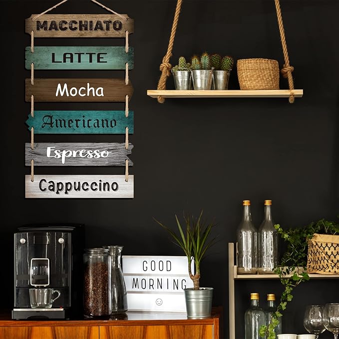 Chunful Coffee Bar Decor Coffee Signs Wooden Rustic Vintage Hanging Wall Art Decorative Signs Plaques for Bar Farmhouse Station Home Kitchen Office,21.3 x 11.2 Inches