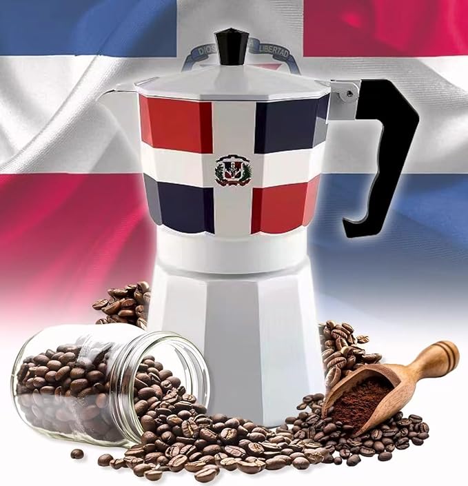 PRK 14 Dominican Republic Coffee Greca Pot – Classic Domicano Stovetop Espresso Maker with DR Flag Design – Traditional Moka Style Cafetera for Rich Dominican Cafe at Home 6 Cups