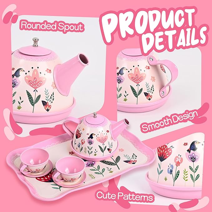 Floral Tea Party Set for Little Girls Ages 3-6, 15-Piece Pretend Play Kitchen Toys with Teapot, Cups, Plates & Storage Case, Princess Gift Set (Pink)