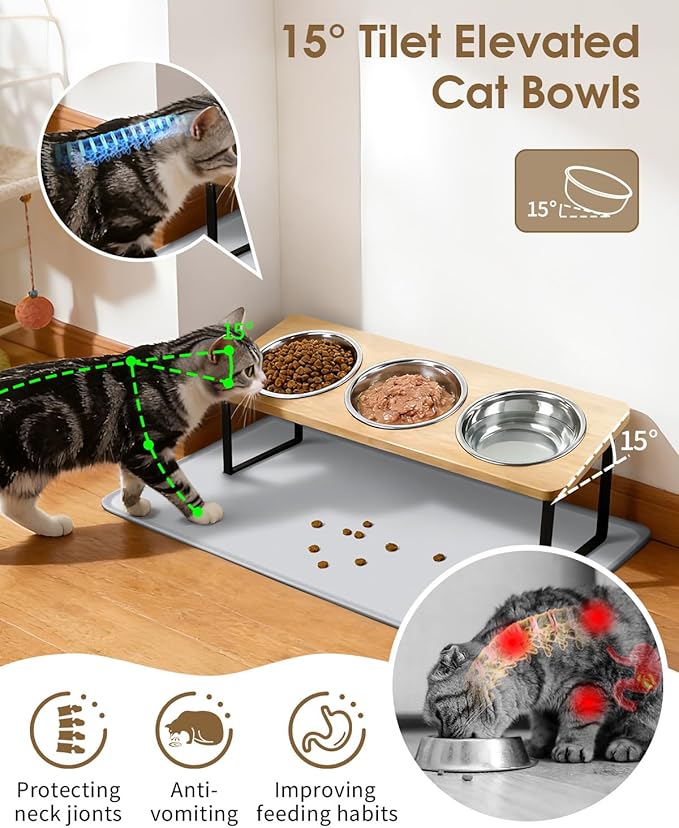 Elevated Cat Bowls, 15°Tilted Raised Cat Food Bowls with Mat, Cat Food and Water 3 Stainless Steel Bowl Set for Indoor, Anti-Vomiting, Whisker Fatigue.