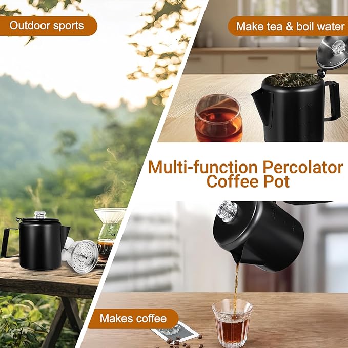 No Coating 9 Cup Percolator Coffee Pot 304 Stainless Steel Moka Pot Stovetop Espresso Maker Italian Greca Cuban Machine 1500ml 50.7oz Suitable for Gas Induction Stovetop Camping Kettle