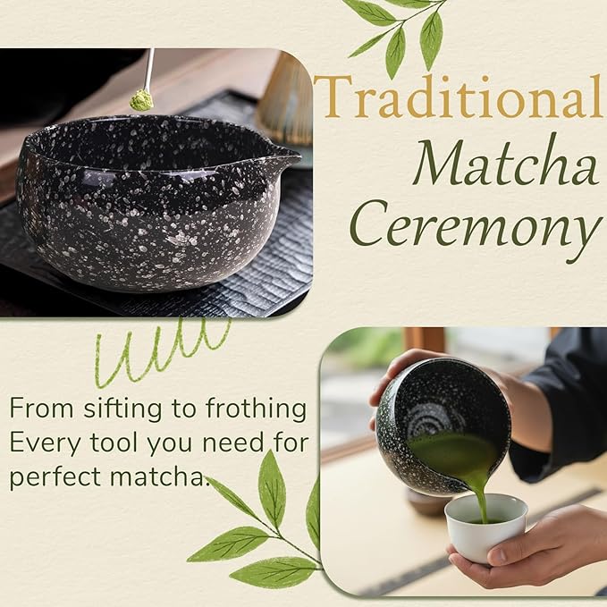 8 Pcs Matcha Whisk Set Chasen Matcha Whisk Bamboo Bowl with Spout Sifter Spoon Scoop Whisk Holder Bamboo Mat Complete Matcha Making Kit (9pcs-black)