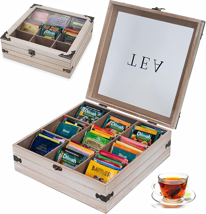 Tea Box Organizer - 9 Compartment Rustic Storage Box, Holder for Tea Bags, Coffee Pods, Instant Coffee Packets, Creamers, Sugar (Gray)