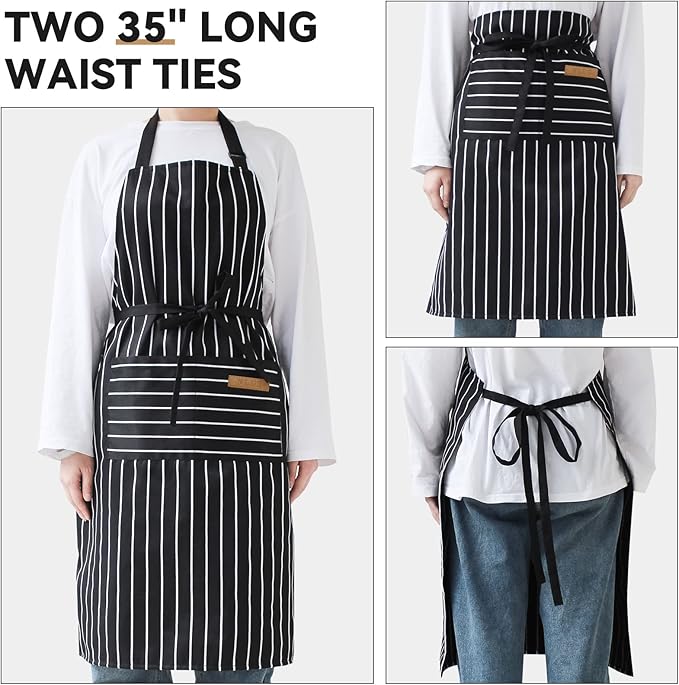 NLUS 2 Pcs Kitchen Cooking Aprons, Poly/Cotton Blend Adjustable Soft Bib Stripe Aprons with 2 Pockets for Women Men Chef (Blue Pinstripes/Black Stripes)