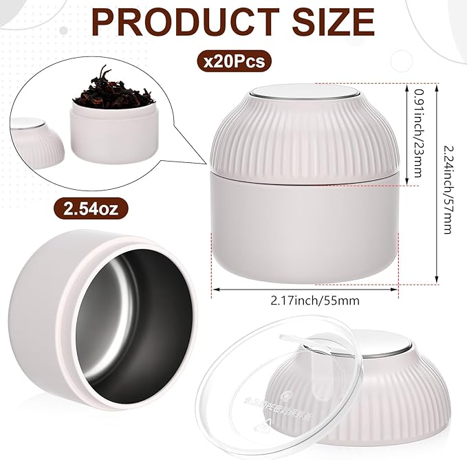 20 Pcs Mini Tea Tin Canister with Airtight Double Lids 2.5 oz Bulk Small Round Metal Tinplate Tea Tin Can Tiny Kitchen Containers for Loose Teas Spices Coffee Herb Sugar Candy (White)