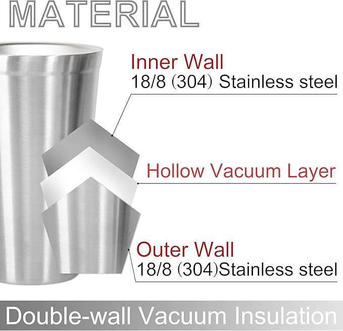 Youda Stainless Steel Double Walled Insulated Cups(Set of 2) Stackable, Coffee Cup/Tea Cup/Chilling Beer Glasses, Great for Kids, for Travel, Outdoor,Camping&Everyday, 16oz(Silver)