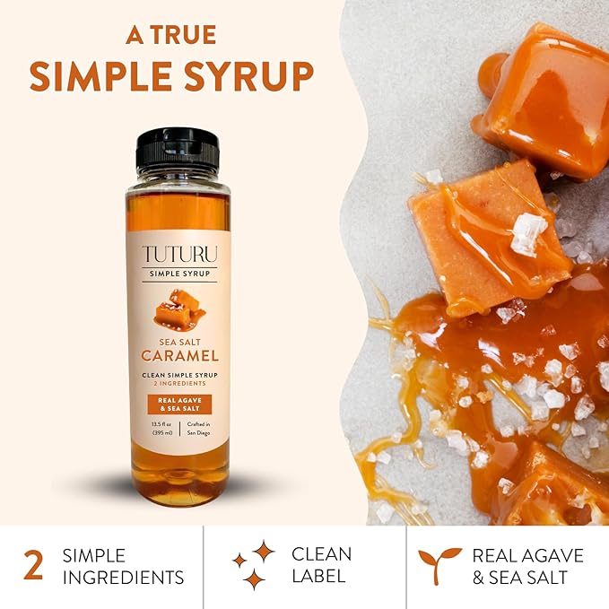 Caramel Agave Simple Syrup for Coffee & Cocktails - Sweetened with Organic Agave Nectar - Infused with Real Sea Salt - 13.5 oz