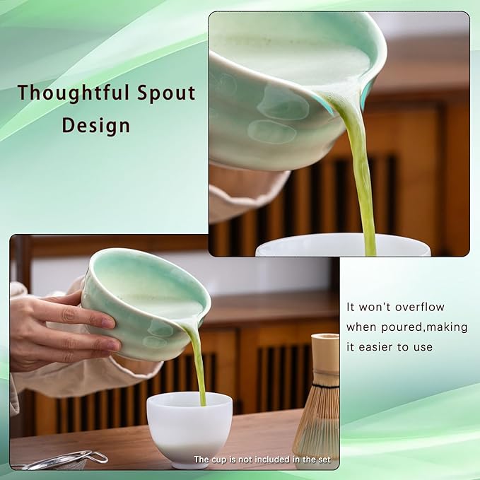 Japanese Matcha Set, Matcha Bowl with Spout, Matcha Whisk and Holder, Bamboo Matcha Scoop and Stainless Steel Sifter - 5 Pcs Gradient Green Matcha Kit for Matcha Lover