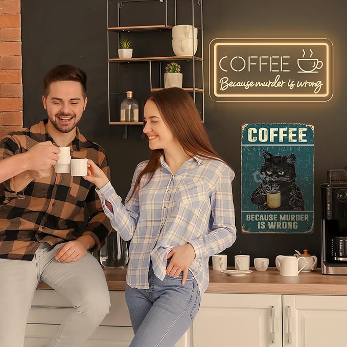 COFFEE Because Murder Is Wrong Neon Sign - Funny Cafe Dimmable Art LED Light Decor Fits Warm Tones For Kitchen，Bar，Coffee Shop，Restaurant，Parties, Wall and Window Display (USB Powered and 3D Engraved)