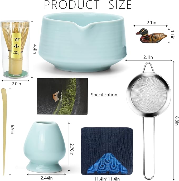 Artcome Matcha Tool Set - Complete Kit with Matcha Bowl with Spout, Bamboo Whisk, Tea Scoop, Whisk Holder, Scoop Holder, Tea Cloth & Powder Strainer, Celadon Blue