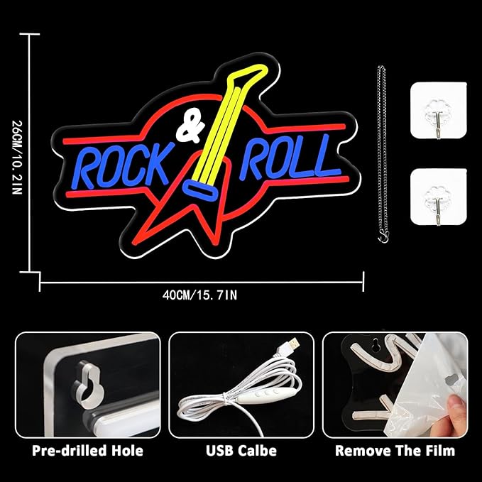 Rock Roll Neon Sign Guitar Neon Sign Led Neon Light for Wall Decor USB Powered Dimmable Music Neon Light for Bar Bedroom Music Studio Vocal Recital Concert Man Cave