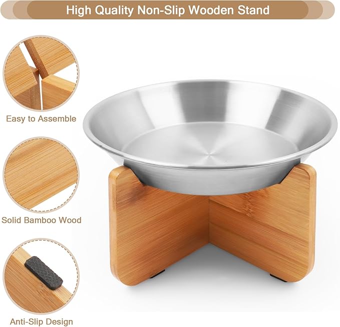 Elevated Cat Bowl with Bamboo Stand, 6.8" Extra Wide Shallow Raised Stainless Steel Cat Bowls Whisker Friendly, 2 Pack Food and Water Dishes for Indoor Cats, Kitten, Puppies and Small Dogs