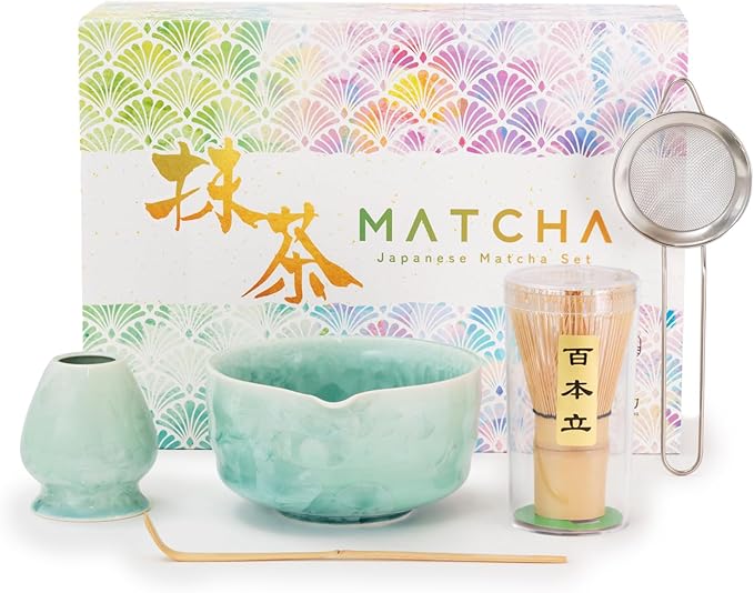 HIBINO Matcha Set | Japanese Matcha Tea Set with Crystal-Glazed Ceramic Spout Bowl | Bamboo Whisk & Holder, Scoop and Stainless Sifter | 5-Piece Matcha Kit |「Crystal Shell Green」