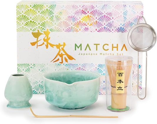 HIBINO Matcha Set | Japanese Matcha Tea Set with Crystal-Glazed Ceramic Spout Bowl | Bamboo Whisk & Holder, Scoop and Stainless Sifter | 5-Piece Matcha Kit |「Crystal Shell Green」