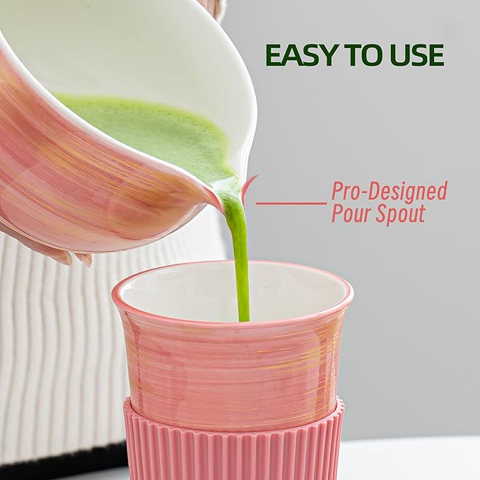 Matcha Whisk Set,7 Pcs Matcha Set Pink,Matcha Kit for Ceremony,480 Ml Ceramic Bowl(chawan) with Spout,Bamboo Whisk(100-prong) and Holder,Tradition Tea Set,Gift for Matcha Lovers