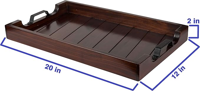 Bamboo Land- Large Wooden Serving Tray with Handle, 20” X 12’’, Dark Brown, Wooden Tray with Handles, Serving Tray with Handles