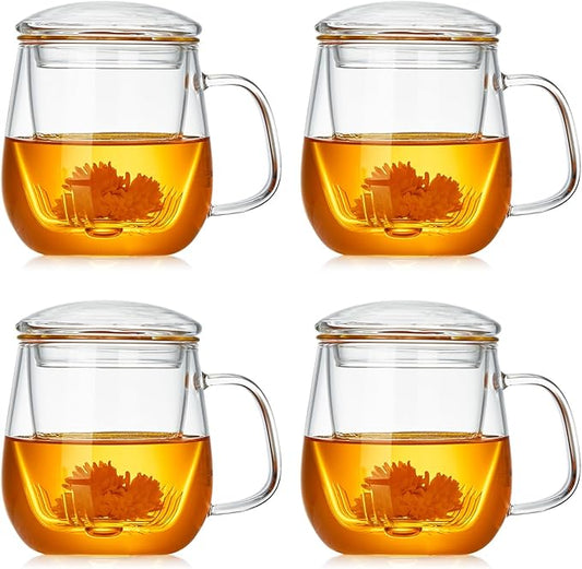 Glass Teacups 4 Pack Glass Tea Cup with Infuser and Lid, 17.6oz/520ml Large Borosilicate Teacup,Tea Clear Mug Cup for Loose Leaf Blooming Tea, Microwave & Dishwasher Safe.