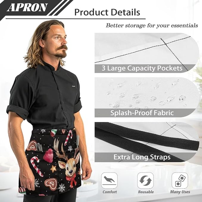 Waist Apron with 3 Pockets Waterproof 13 Inch Short Half Waist Aprons Women Men Server Aprons Waitress Waiter Apron - Image 6