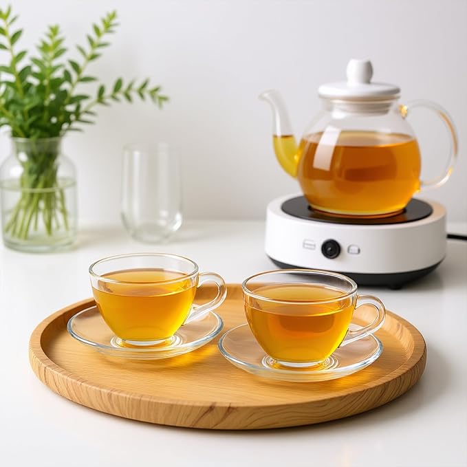 Tosnail 6 Pack 7-Ounce Glass Tea Cups and Saucers Sets Glass Coffee Mugs