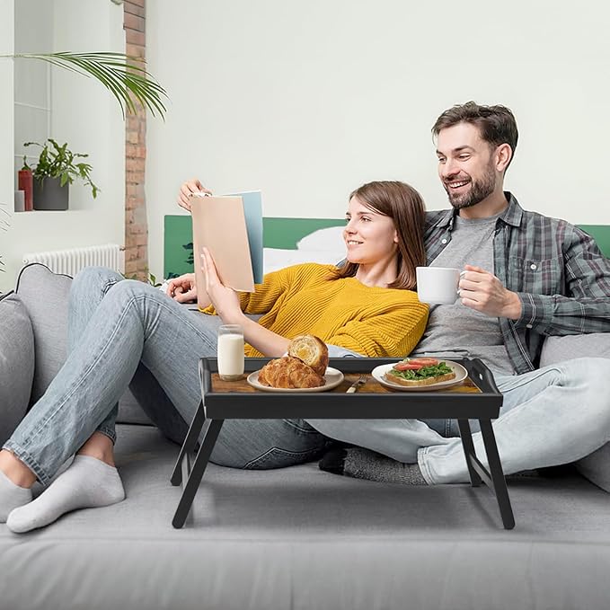 Tray Table for Bed, Bamboo Breakfast Serving Tray with Folding Legs and Handles, Laptop and Snack Bed Table with Cross Bar & Media Slot, Dark Brown with Black Legs, for Bedroom, Sofa, Kitchen