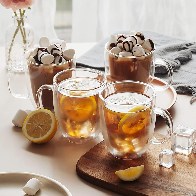 12oz Double Walled Glass Coffee Mugs with Handle, Clear Cappuccino Glass Mug Set of 4, Insulated Layer Coffee Cups, Clear Borosilicate Glass Mugs, Glasses Espresso Mugs for Coffee