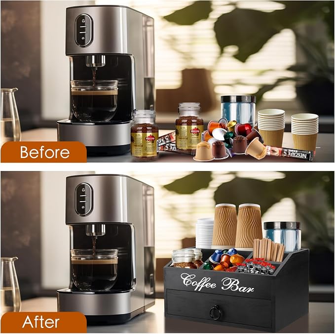Coffee Station Organizer Pods Holder with Drawer, Farmhouse Wood Coffee Bar Accessories Decor and Tea Condiment Basket for Countertop - Image 6