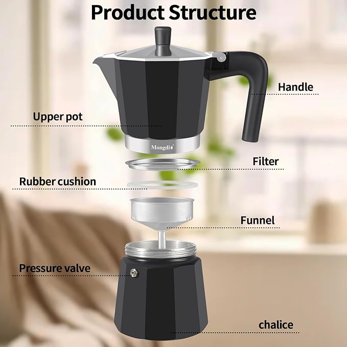 Mongdio Stovetop Espresso Maker Moka Pot, Stove Top Cuban Coffee Maker, Italian Greca Mocha Pot, 9 Espresso Cups, 15 oz - Black