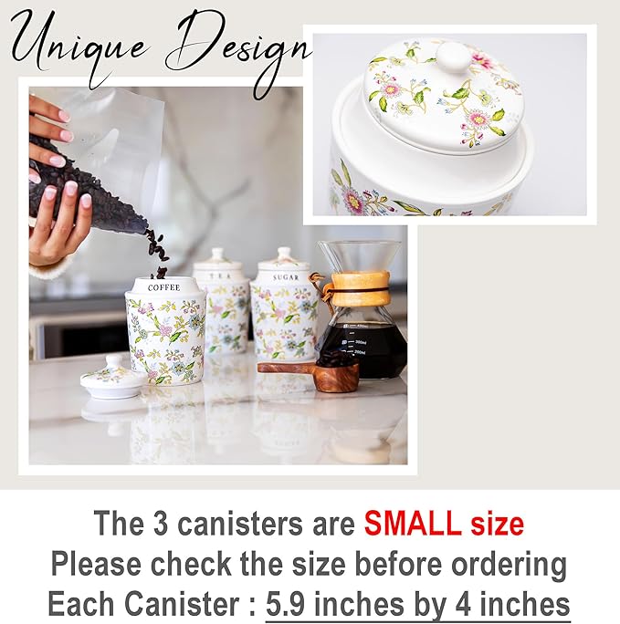 Small Coffee Tea Sugar Canister Set with Airtight Lids - Elegant Flower Kitchen Canisters Set of 3 Pantry Jars Containers - Decorative Ceramic Canister Set for Countertop or Coffee Bar - 13.5 Ounce