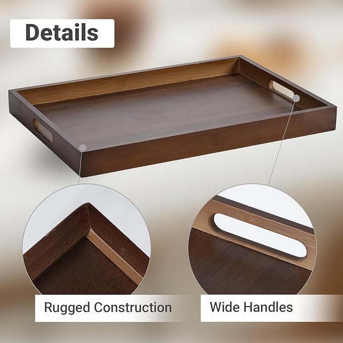 17.3‘’x11.8''x1.57''Large Bamboo Wooden Tray with Handles, Rectangular Natural Solid Wood, Walnut Brown Color Serving Tray.Suitable for Kitchen,Bedroom,Breakfast,Coffee,Decorative,Party Bars.