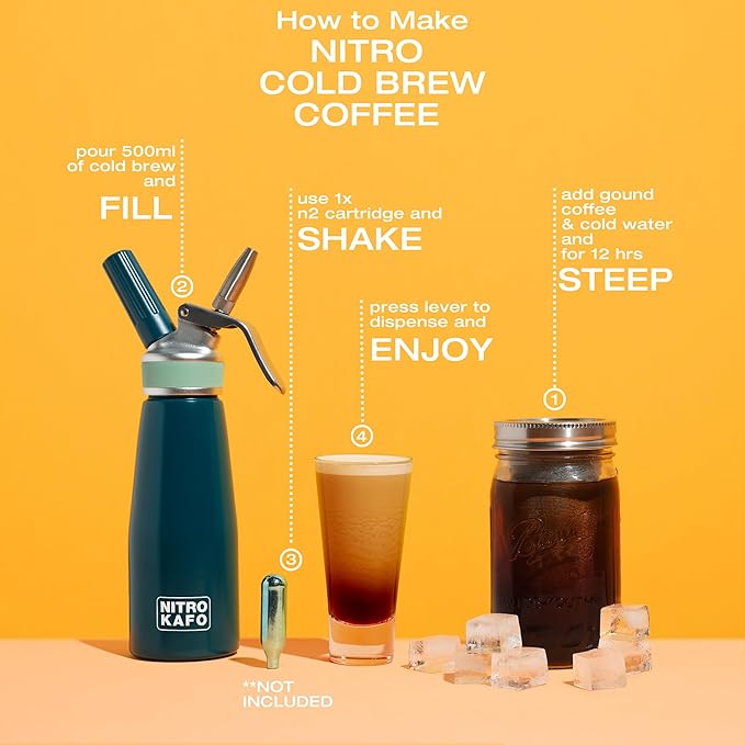 1L Nitro Coffee Maker, Aluminum Nitro Cold Brew Coffee Maker with Special Nitro Diffuser Nozzle & Cold Brew Maker for Making Nitro Cold Brew, 1 Quart/1L, Includes (10) Nitro Cartridges