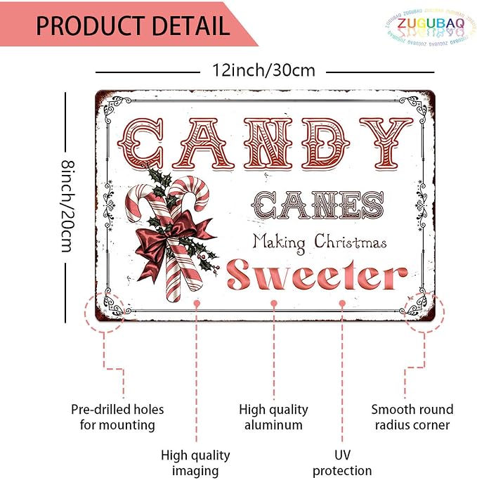 Candy Canes Making Christmas Sweeter Vintage Metal Tin Sign Home Wall Decor For Kitchen Bakery Coffee Bar Farmhouse Restaurants Cafe 8X12 Inch Christmas Decorations - Image 2