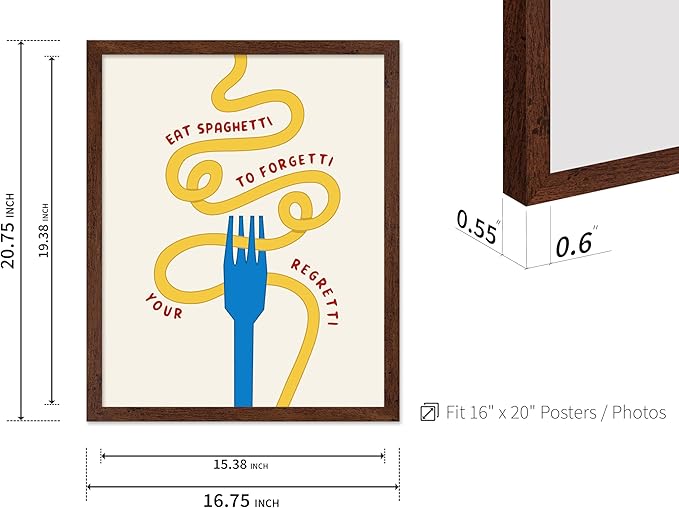 Poster Master Spaghetti Poster - Eat Spaghetti To Forgetti Your Regretti Print - Food & Drink Art - Gift for Chef, Cook - Fun Decor for Restaurant, Kitchen, Dining Room, 16x20 Brown Framed
