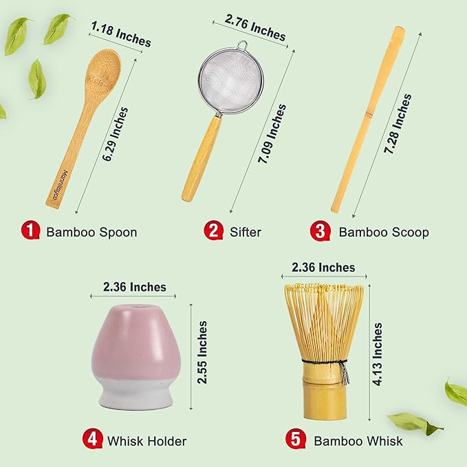 Matcha Whisk Set 5pcs – Bamboo Chasen with Holder, Chashaku Scoop, Spoon, Fine Mesh Sifter – Traditional Japanese Tea Tools for Tea Ceremony, Matcha Making Kit for Tea Lovers（Pink)