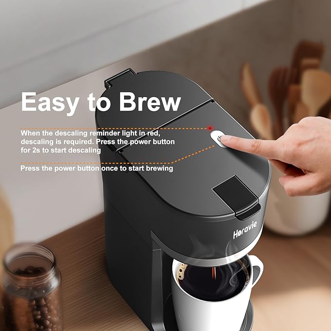 Small Single Serve Coffee Maker for K Cup and Ground Coffee, Fast Brew One Cup Coffee Machine with Descaling Reminder and Water Window, 6 to 12 oz. Brew Sizes, Black