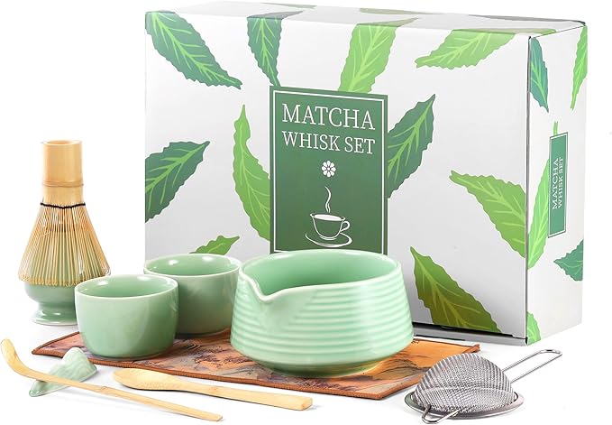 HELPLX Matcha Whisk Set, 10-Piece Japanese Matcha Kit with Bowl, Whisk & Holder, 2 Tea Cups, Bamboo Scoop, Spoon, Sifter, Scoop Rest & Tea Towel – Green Matcha Tea Set for Ceremony or Daily Use