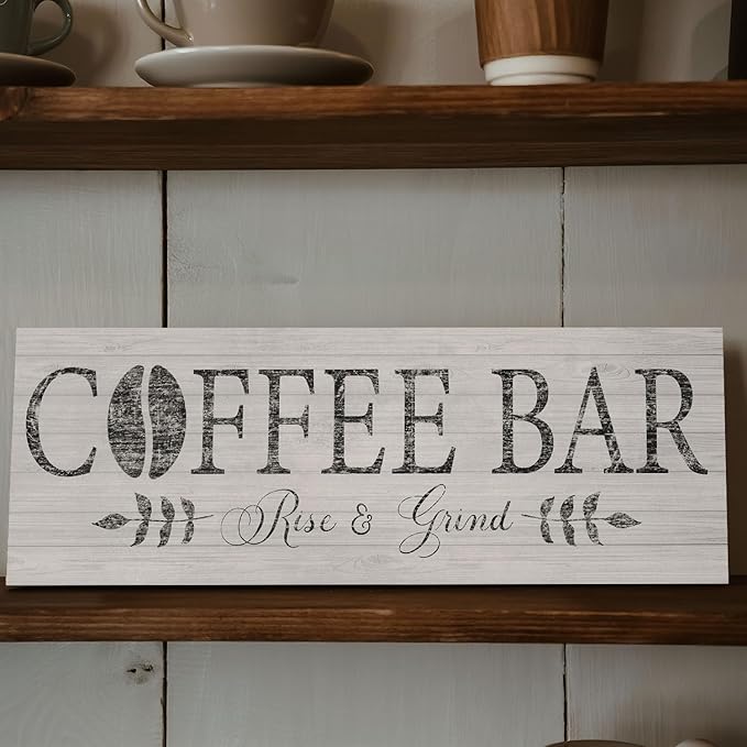 Rise & Grind Coffee Sign Decor Inspirational Canvas Prints Art for Kitchen Farmhouse Shelf Counter Bar Station Decoration 6x17inch