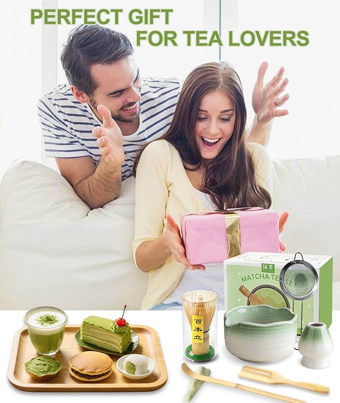 JBER Matcha Whisk Set, Ceramic Matcha Kit Includes Bowl with Spout, Matcha Whisk (Chasen) and Holder, Sifter, Scoop, Spoon & Rest - 7PCS Matcha Set for Matcha Lovers Ceremony, Gradient Light Green