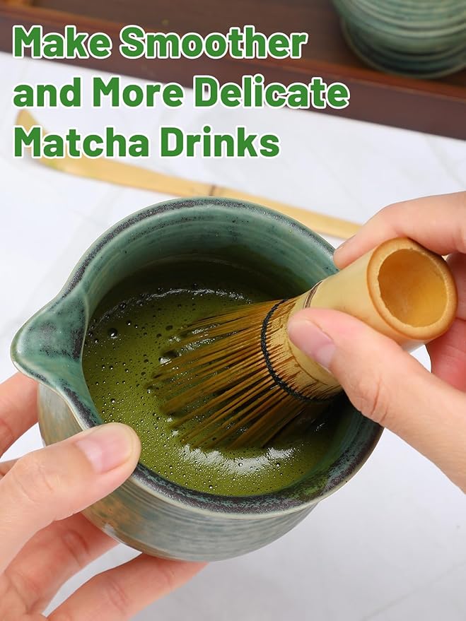 Matcha Whisk Set with Bamboo Tray - Bowl with Spout, Whisk and Holder, Bamboo Scoop, Sifter, Japanese Matcha Kit Tea Ceremony Gift for Women