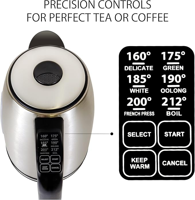 Kenmore 1.7L Cordless Electric Kettle w/ 6 Temperature Pre-Sets, Stainless Steel Teakettle w/LED light, Auto Shut-Off, Keep Warm, Boil-Dry Protection, Silver