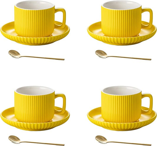 5 Ounce Espresso Cups Set of 4, Small Coffee Cups with Saucers and Spoons, Yellow Ceramic Demitasse Espresso Mugs