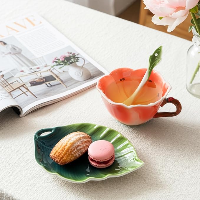 Flower Tea Cup and Saucer, 6 Oz Ceramic Coffee Mug with Spoon, 3D Handmade Vintage Drinking Cups, 3 Pieces Orange Teaware Mug for Women, Mother's Day Birthday Gift Party (Floral and Leaf)