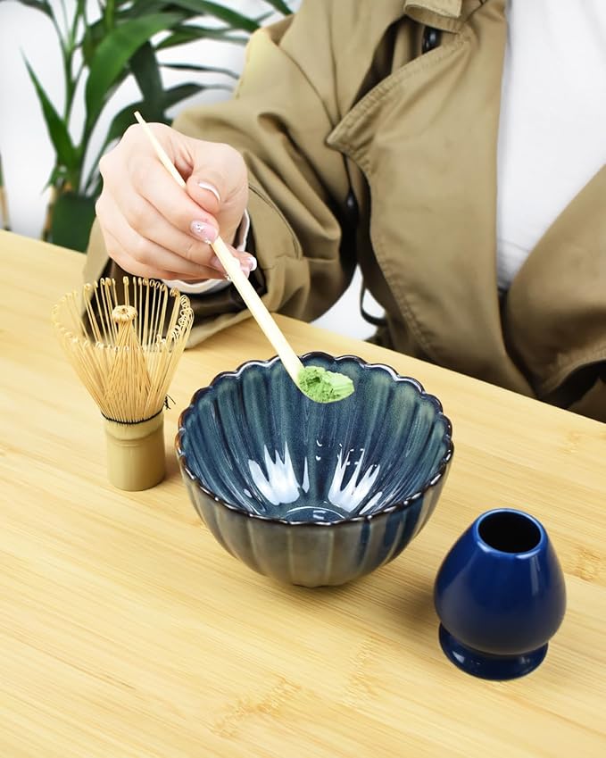 Artcome Matcha Tea Set - 17oz Petal-Shaped Matcha Bowl, Bamboo Whisk, Scoop, Whisk Holder & Brewing Guide, Japanese Tea Ceremony Tools for a Perfect Matcha Experience, Grayish Blue