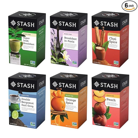 STASH Black Tea Variety Pack – Caffeinated, 6 Boxes of 18-20 Tea Bags Each – Orange Spice, Peach, Double Bergamot Earl Grey, Chai Spice, Super Irish Breakfast & Breakfast in Paris