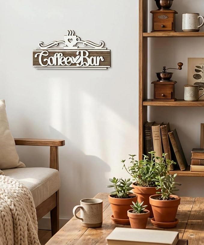 Putuo Decor Vintage Coffee Bar Sign, Farmhouse Coffee Accessories for Cafe Station Wall Decor, Long Double-Layer Cafe Sign for Home Kitchen Countertop Decoration, 12×5.5in
