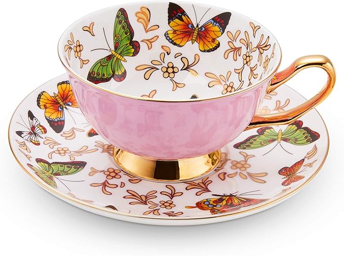 LURRIER Coffee Cup Mug with Saucer for Latte, Cappuccino Tea with Butterflies 6.8 Oz Fine Bone China, Dishwasher Safe, Reactive Glaze, 1 Pcs (Pink)
