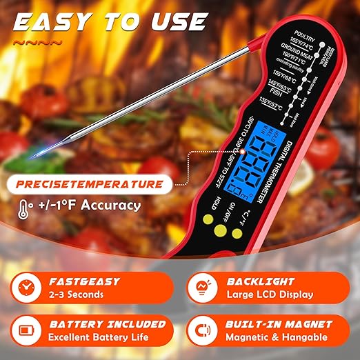 Instant Read Meat Thermometer, Fast & Accurate Digital Food Thermometer with Backlight, Waterproof & Magnet for Grilling, Cooking, BBQ, Smoker, Baking, and Candy Making Red