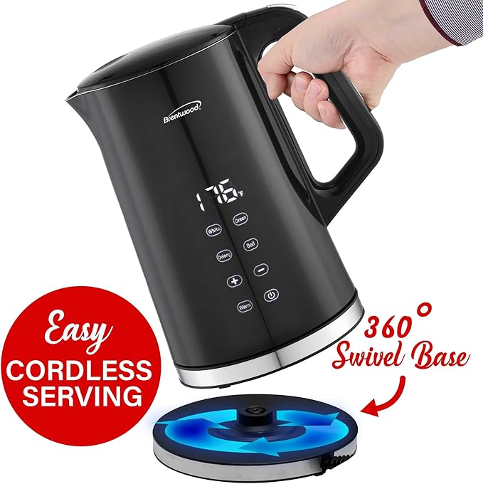 Brentwood 1100W 1.7L Cordless Cool Touch Digital Kettle with Stainless Steel Interior, Temperature Control with 4 Presets, 360° Base, Auto Shut-Off, Keep Warm, & Boil Dry Protection (Black, 7.2 Cups)