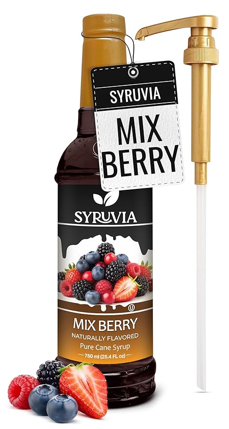 Syruvia Mix Berry Flavored Syrup for Drinks, Cocktails, Lemonades, Iced Teas and Desserts – 25.4 fl oz, With Pump