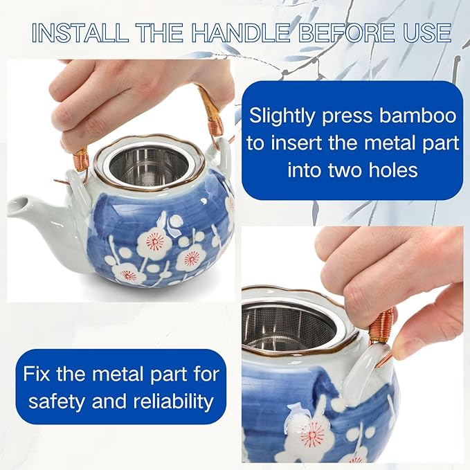 Japanese Tea Set, Ceramic Floral Tea Pot and 4 Pieces Cups with Infuser Bamboo Handle, Traditional Bone China Teapot Kit Gift for Coffee, Water, Home, Office